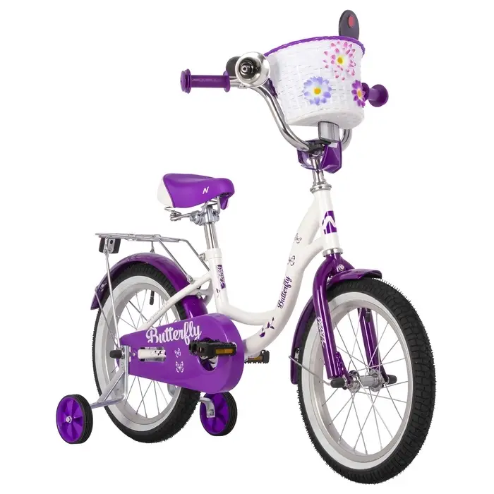 Велосипед детский Novatrack BUTTERFLY, диаметр колёс 16", со съёмными колёсами, с корзиной, белый, фиолетовый