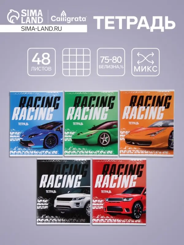 Тетрадь 48 листов в клетку, Calligrata, Racing Defender, обложка мелованная бумага, серые листы, МИКС Тетрадь 48 листов в клетку, Calligrata, Racing Defender, обложка мелованная бумага, серые листы, МИКС