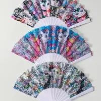 Веер пластик, текстиль "Котики. Цветочная абстракция" МИКС широкие лопасти 23 см