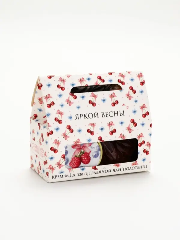 Набор с крем-мёдом, чаем и полотенцем в коробке "Весенний паттерн"