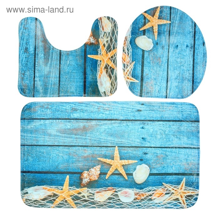 Набор ковриков для ванной и туалета Доляна «Морские звёзды», 3 шт: 35×39, 40×50, 45×75 см