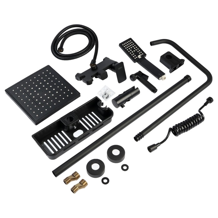 Душевая система ZEIN Z3863, смеситель, верхняя, ручная и гигиеническая лейка, полка, черная   993217 Душевая система ZEIN Z3863, смеситель, верхняя, ручная и гигиеническая лейка, полка, черная   993217