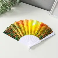 Веер пластик, текстиль "Подсолнухи" МИКС широкие лопасти 23 см