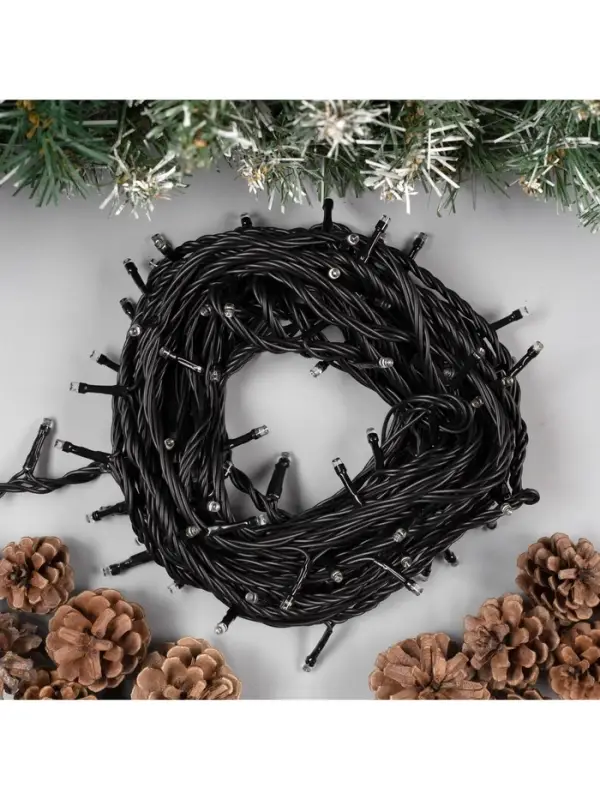 Гирлянда &laquo;Нить&raquo; 10 м, IP44, УМС, тёмная нить, 100 LED, свечение белое, мерцание белым, 220 В