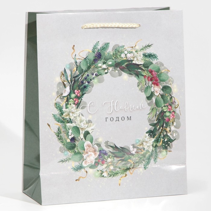 Пакет подарочный новогодний ламинированный «Новогодний венок», ML 21 х 25 х 8 см