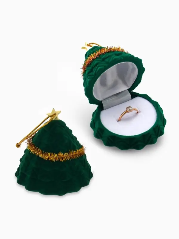 Футляр под серьги, кольцо &laquo;Новогодняя ёлочка&raquo;, бархатный, 5.9&times;6.2&times;6.2 см, зелёный, золотой