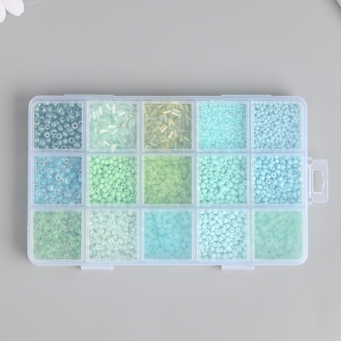 Бисер стекло 6/0, 8/0, 12/0 в шкатулке  Бисер стекло 6/0, 8/0, 12/0 в шкатулке "Зелёный" стеклярус 15,5х9,5х1,6 см