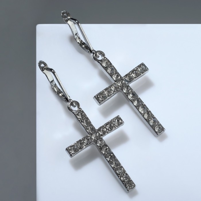 Серьги висячие со стразами «Крестики» классика удлинённые, цвет белый в серебре Серьги висячие со стразами «Крестики» классика удлинённые, цвет белый в серебре