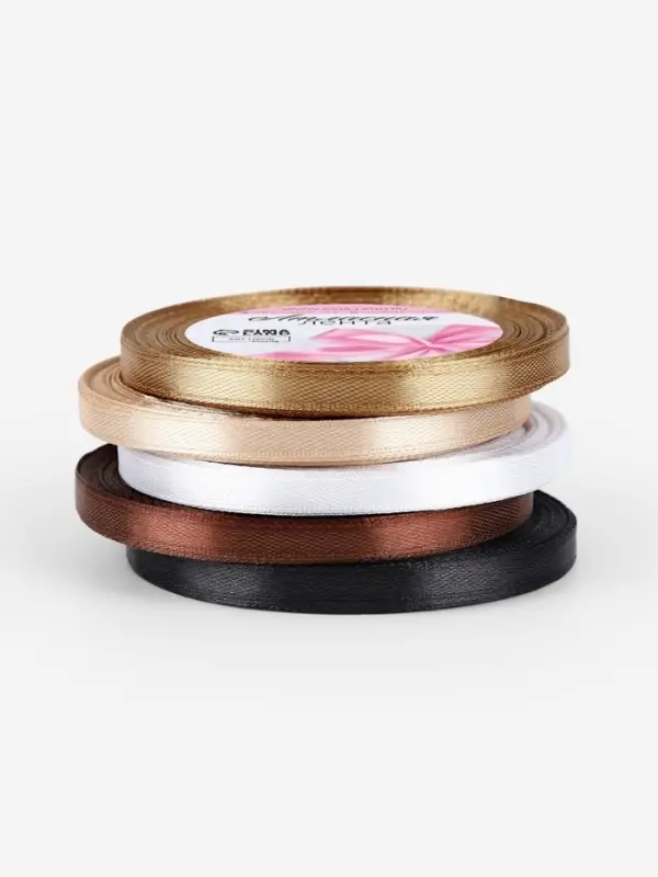 Атласная лента, набор 5 шт., 6 мм, 23&plusmn;1 м, бежевый, коричневый
