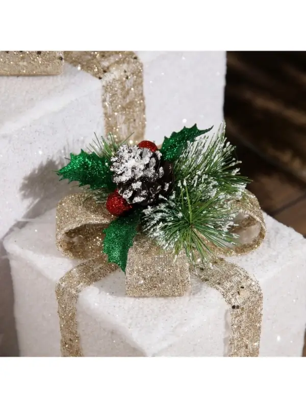 Светодиодная фигура &laquo;Подарки с бежевой лентой&raquo; 15, 20, 25 см, текстиль, металл, 220 В, свечение тёплое белое