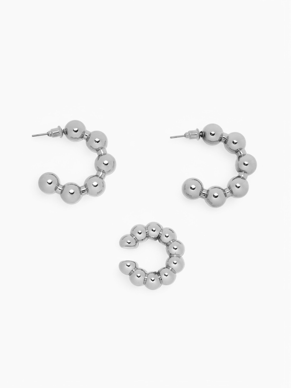 Набор серьги и каффы 3 шт «Бублики» дутые, цвет серебро