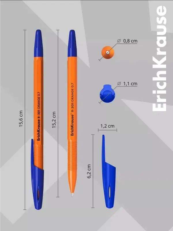 Ручка шариковая ErichKrause R=301 Orange Stick, узел 0.7 мм, синяя