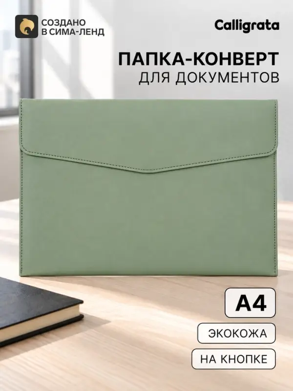 Папка-конверт на кнопке, формат А4, кожзам, эвкалиптовая