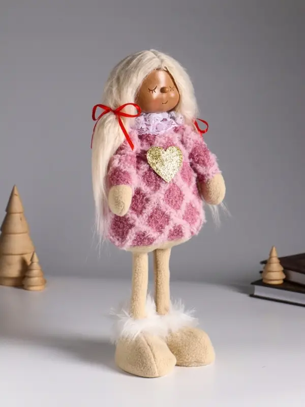 Кукла интерьерная "Малышка с хвостиками в розовом платье с сердцем" 14х8,5х32 см