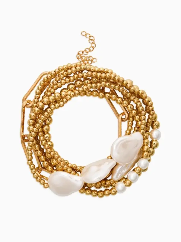 Набор браслетов &laquo;Жемчуг Барочный с цепями&raquo;, 7 шт. белый в золоте