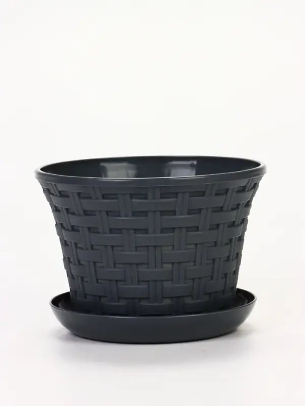 Кашпо круглое &laquo;Ротанг&raquo; 1,1л с поддоном, цвет серый