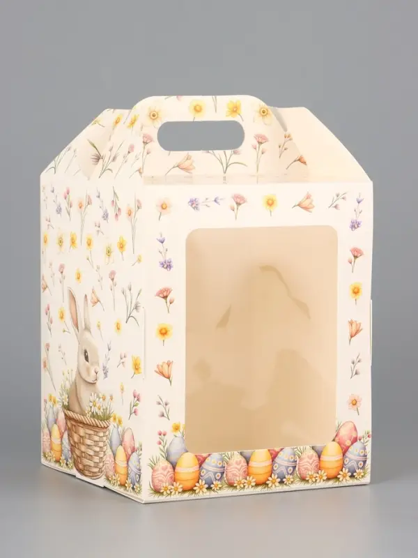Коробка подарочная пасхальная с окном, с фронтальной загрузкой «Кролик в корзинке» 15×15×18 см