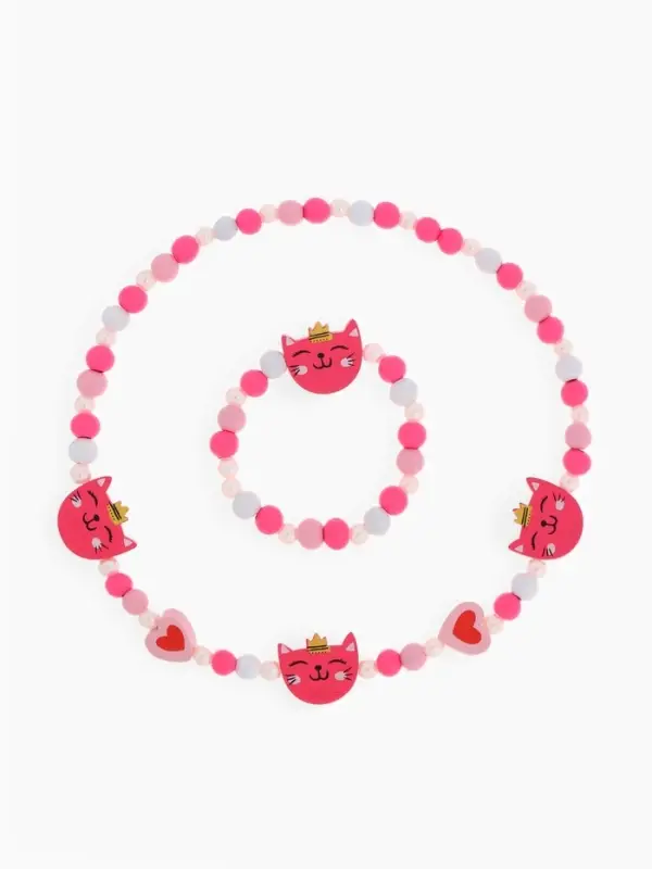 Набор детских украшений &laquo;Выбражулька. Кошечка в короне&raquo;, 2 предмета: бусы, браслет, красный, розовый