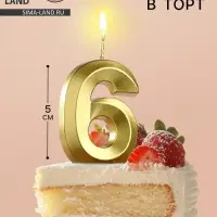 Свеча в торт на шпажке «Цифра 6», золотая, 5 см