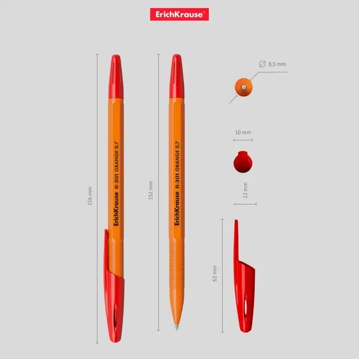 Ручка шариковая ErichKrause R=301 Orange Stick, узел 0.7 мм, красная
