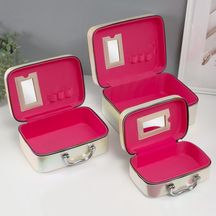 Шкатулка кожзам с зеркалом Шкатулка кожзам с зеркалом "Плетение" бежевая н-р 3 шт 19,4х12,5х8 22х16х9 11,5х24,5х18,5 см