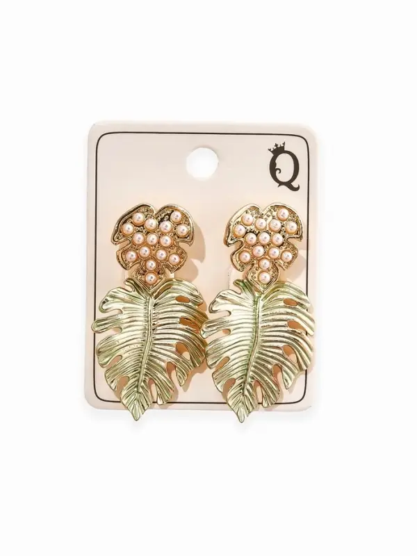 Серьги &laquo;Листья&raquo; монстера с жемчугом, бело-зелёные в золоте