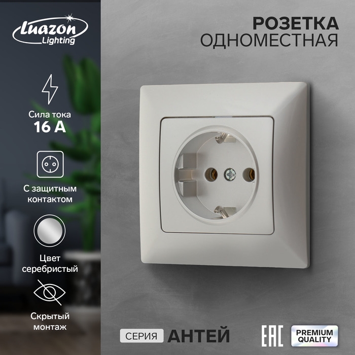 Розетка одноместная Luazon Lighting  Розетка одноместная Luazon Lighting "Антей", 16 А, скрытая, с з/к, серебристая