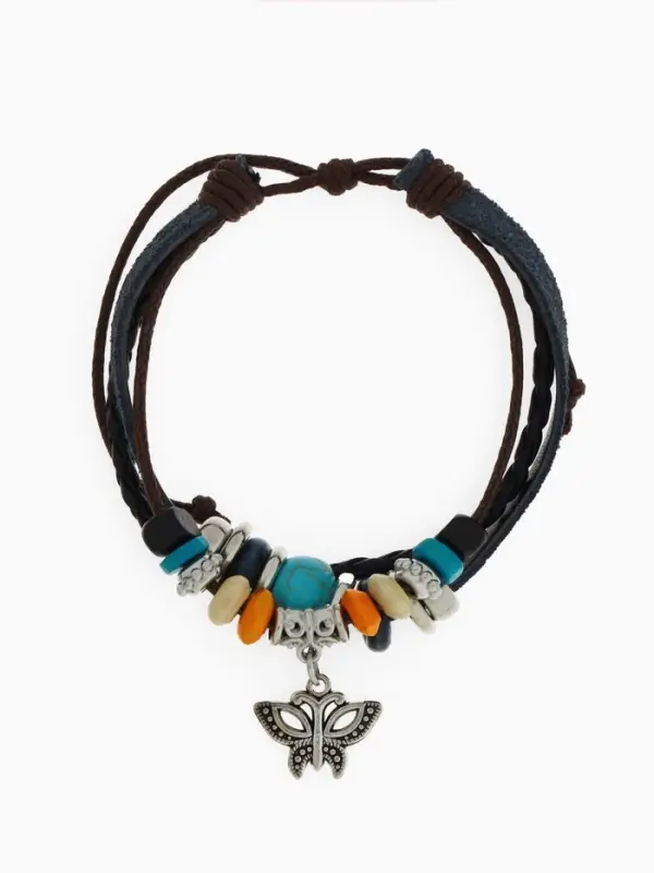 Браслет кожаный с подвеской &laquo;Бабочка и Бусины&raquo;, d=5 см, 3 нити, разноцветный