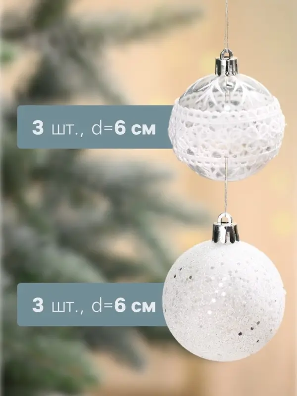 Ёлочные игрушки &laquo;Изморозь&raquo;, шары новогодние, d=6 см, набор 6 шт., кружева, белый