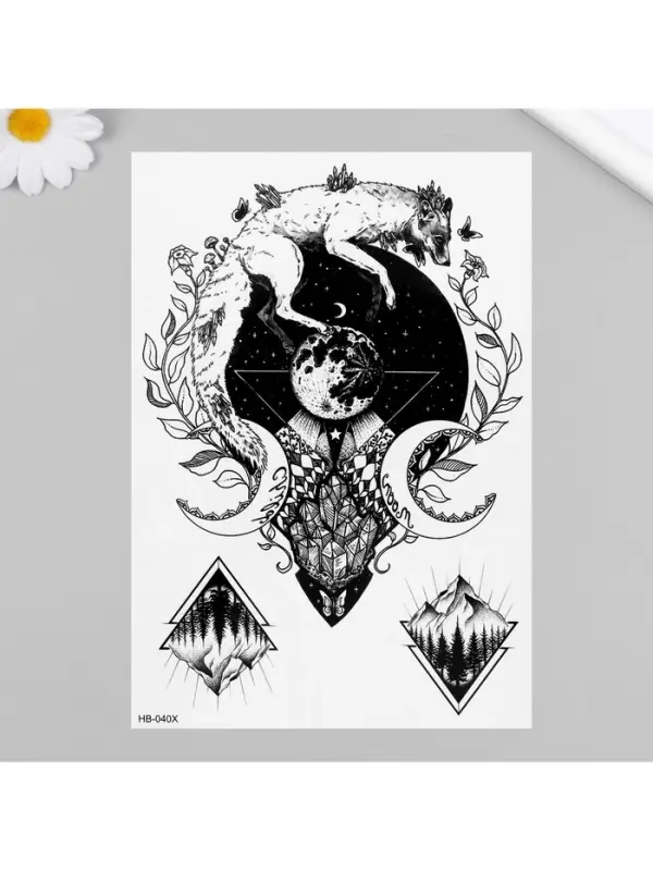 Переводная тату на тело чёрная «Лунный лис», 21×14.8 см
