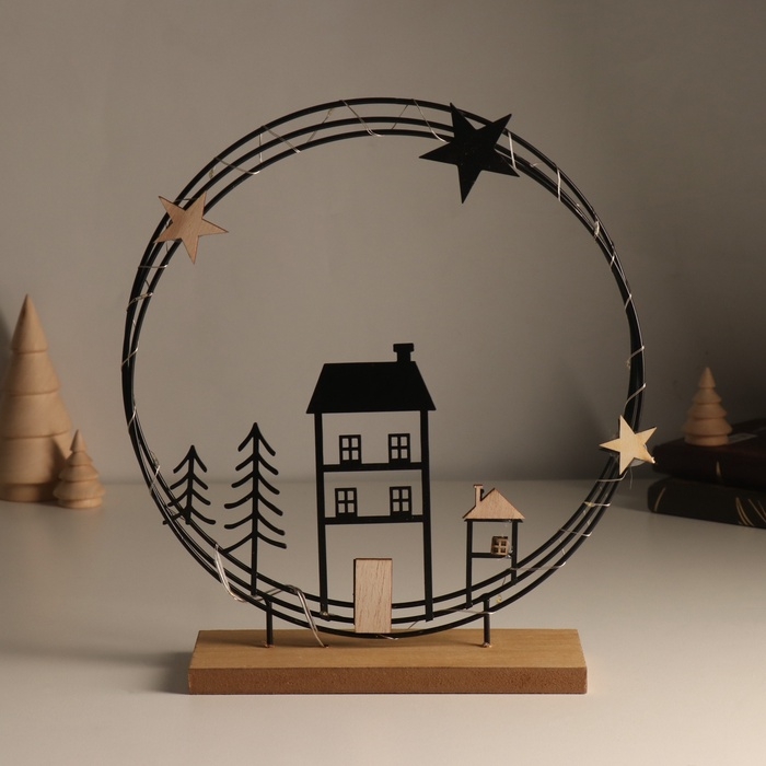 Сувенир металл, дерево свет Сувенир металл, дерево свет "Домики. Ночное небо" 6х25,5х26,5 см
