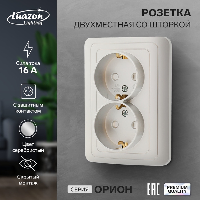 Розетка двухместная со шторкой Luazon Lighting  Розетка двухместная со шторкой Luazon Lighting "Орион", 16 А, скрытая, с з/к, серебристая
