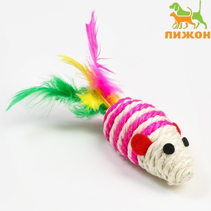 Мышь-погремушка сизалевая, 7 см, розовая/белая Мышь-погремушка сизалевая, 7 см, розовая/белая