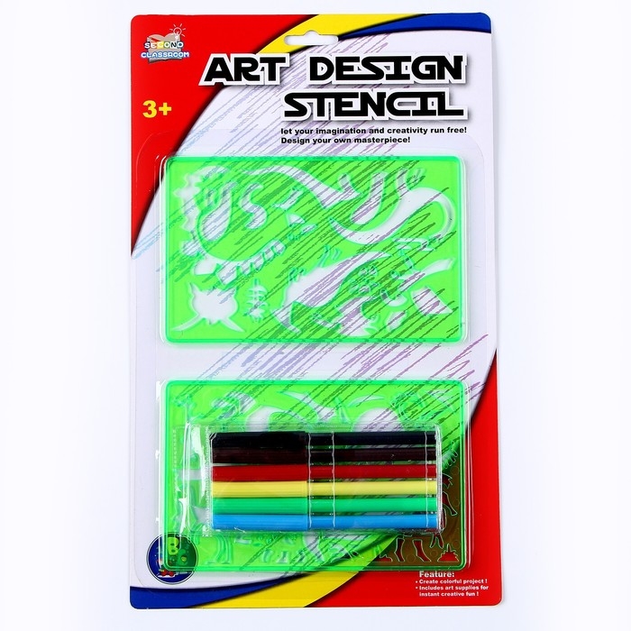 Трафареты «Динозавр», набор 2 шт., 6 шт. фломастеров Трафареты «Динозавр», набор 2 шт., 6 шт. фломастеров