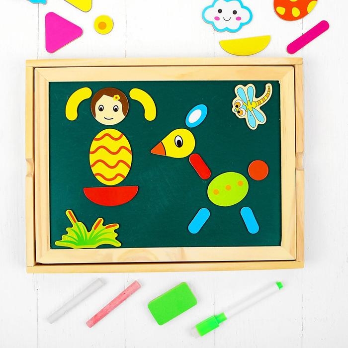 Конструктор магнитный «Весёлые человечки» с двухсторонней доской, мелом и маркером, 71 элемент