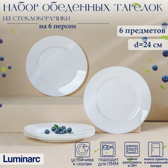 Набор обеденных тарелок Luminarc EVERYDAY, d=24 см, стеклокерамика, 6 шт, цвет белый Набор обеденных тарелок Luminarc EVERYDAY, d=24 см, стеклокерамика, 6 шт, цвет белый