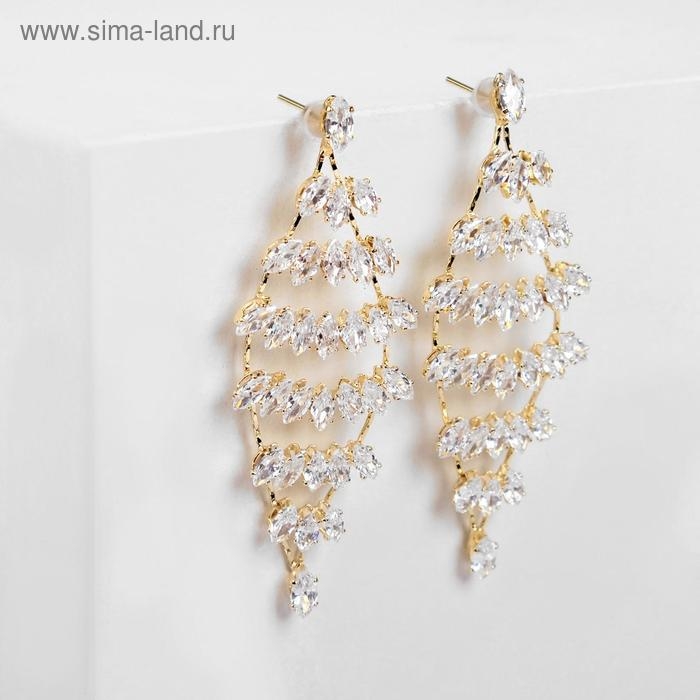 Серьги со стразами "Искры" шесть рядов, цвет белый в золоте