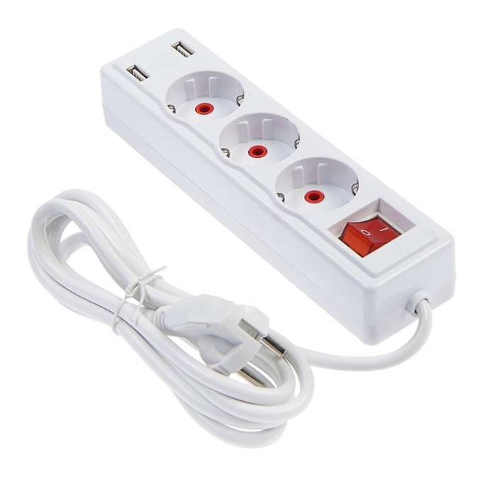 Удлинитель Luazon Lighting, 3 розетки, 2 м, 10 А, 2200Вт, 2х0.75 мм2, 2хUSB, с выкл., Б Удлинитель Luazon Lighting, 3 розетки, 2 м, 10 А, 2200Вт, 2х0.75 мм2, 2хUSB, с выкл., Б