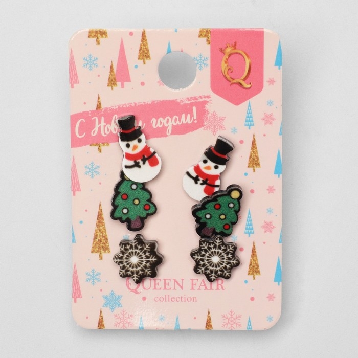 Новый год! Пусеты 3 пары «Снеговик» пряник, снежинка, цветные Новый год! Пусеты 3 пары «Снеговик» пряник, снежинка, цветные