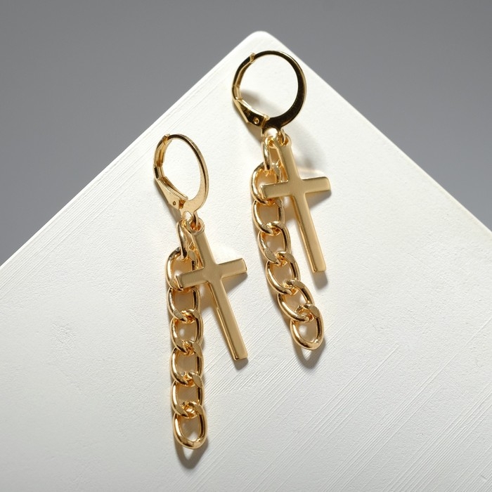Серьги металл «Крест и цепочка», цвет золото Серьги металл «Крест и цепочка», цвет золото