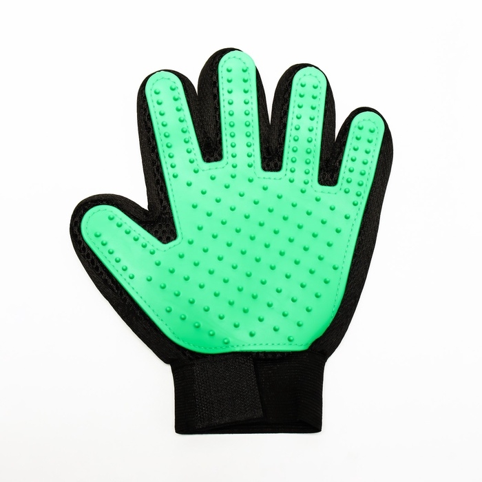 Перчатка-щетка для шерсти на левую руку из неопрена с удлиненными зубчиками, зелёная