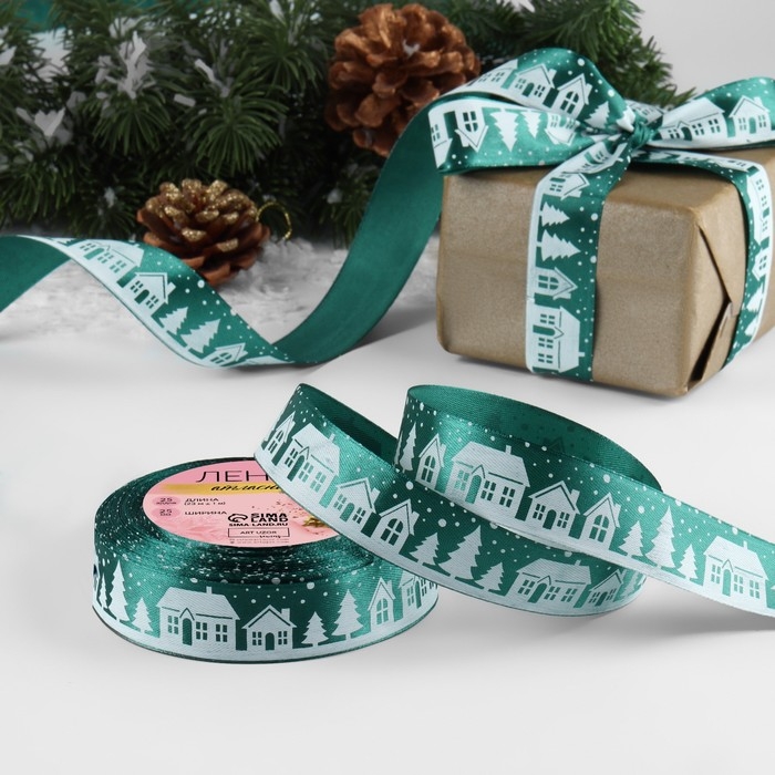 Новый год! Лента атласная «Домики», 25 мм, 23 ± 1 м, цвет зелёный №56 Новый год! Лента атласная «Домики», 25 мм, 23 ± 1 м, цвет зелёный №56