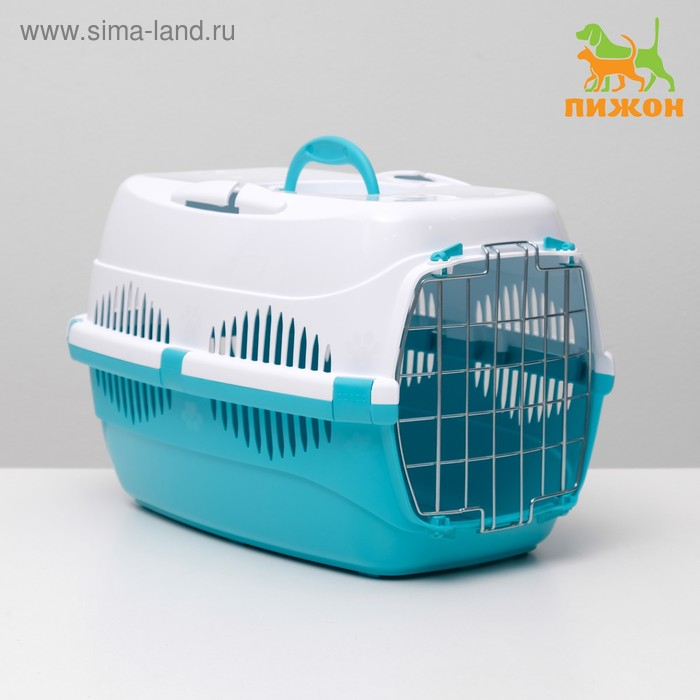 Переноска для животных до 12 кг  Переноска для животных до 12 кг "Пижон" 49х33х32см, металлическая дверь, бело-бирюзовая