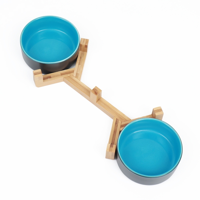 Миски керамические двойные на подставке 2 х 450 мл  28,5 х 15,5 х 7 см, серая/голубая Миски керамические двойные на подставке 2 х 450 мл  28,5 х 15,5 х 7 см, серая/голубая