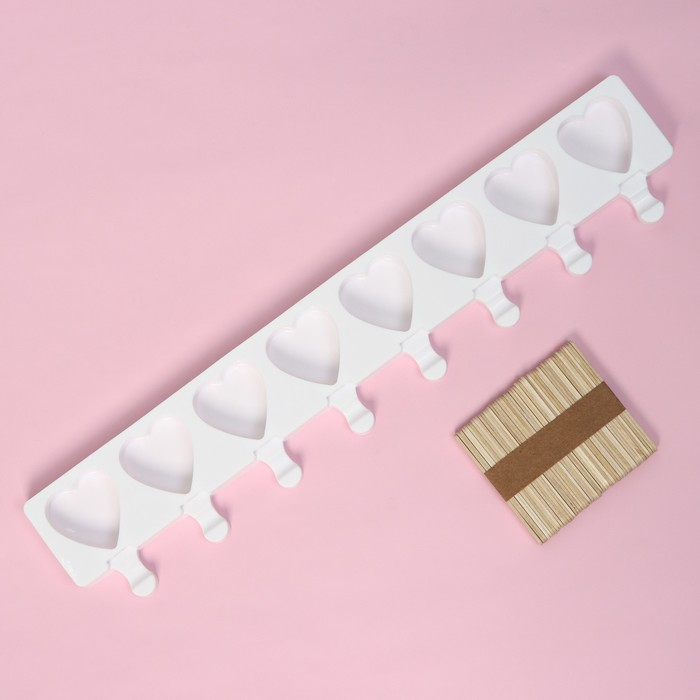 Форма для мороженого Доляна «Сердца. Макси», силикон, 49×6,5×2 см, 8 ячеек, палочки 50 шт, цвет белый Форма для мороженого Доляна «Сердца. Макси», силикон, 49×6,5×2 см, 8 ячеек, палочки 50 шт, цвет белый