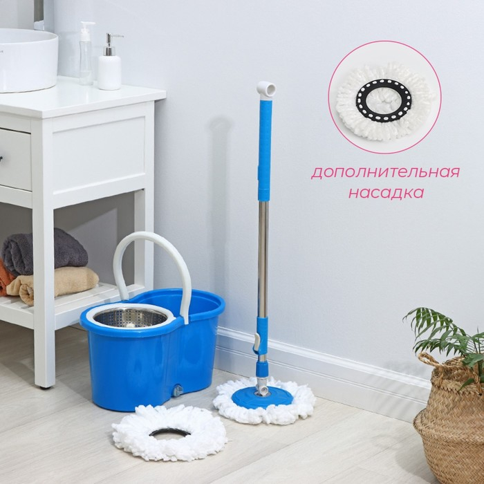 Швабра с отжимом и ведро с металлической центрифугой Доляна, 14 л, запасная насадка из микрофибры, колёсики, цвет МИКС Швабра с отжимом и ведро с металлической центрифугой Доляна, 14 л, запасная насадка из микрофибры, колёсики, цвет МИКС
