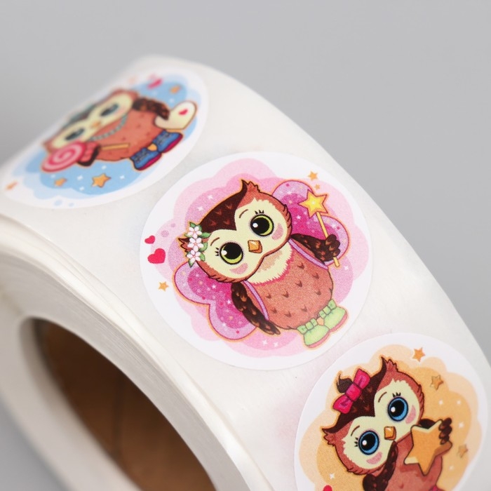 Наклейка бумага Наклейка бумага "Милая совушка" d=2,5 см 500 шт в рулоне 3х6,5х6,5 см