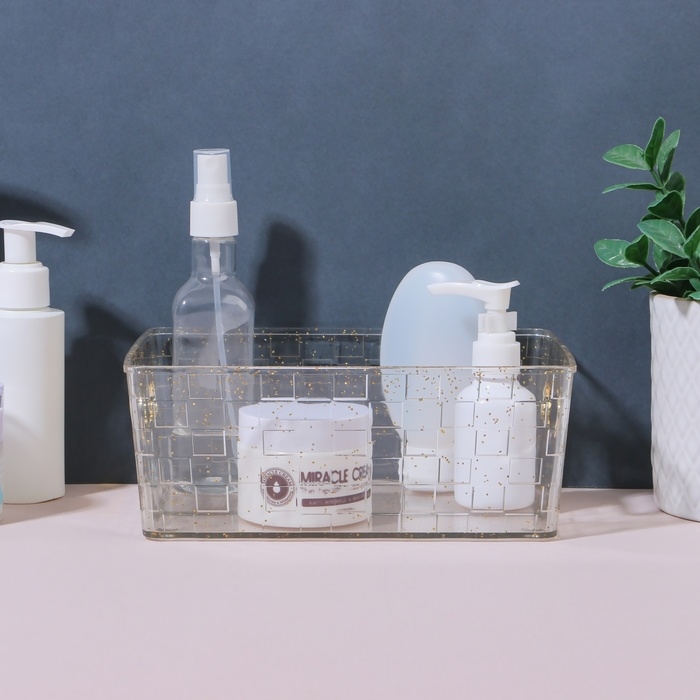 Органайзер для хранения «SHINE», с ручками, 1 секция, 20,5 × 14,5 × 7,8 см, цвет прозрачный/золотистый Органайзер для хранения «SHINE», с ручками, 1 секция, 20,5 × 14,5 × 7,8 см, цвет прозрачный/золотистый