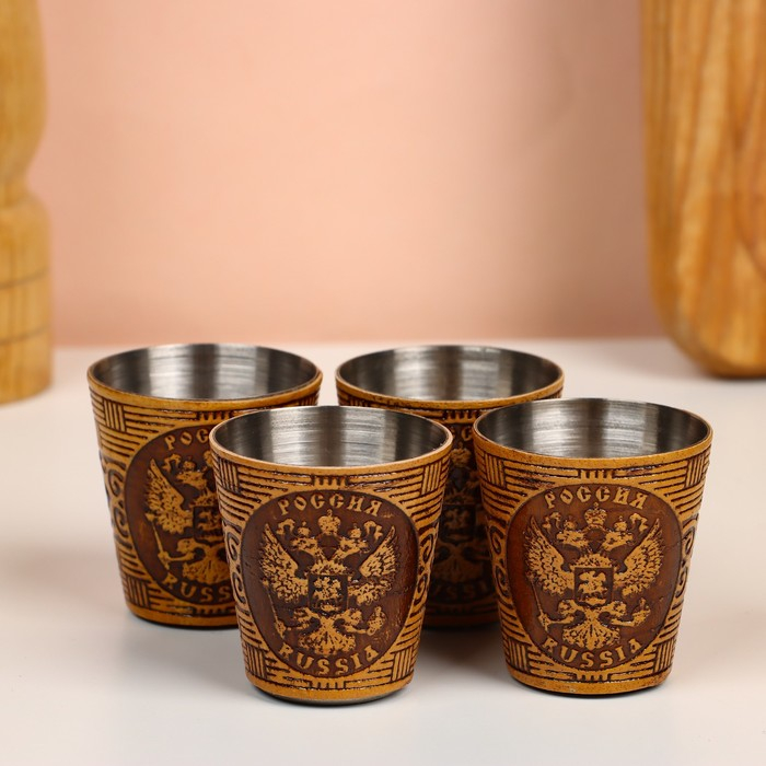 Набор стопок «Герб России», 4 шт, в тубусе, 4,5×4,5×9 см, береста Набор стопок «Герб России», 4 шт, в тубусе, 4,5×4,5×9 см, береста