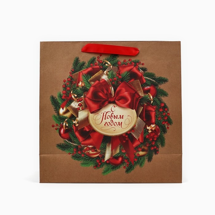 Пакет подарочный новогодний крафтовый квадратный «Новогодний венок», 30 х 30 х 12 см , Новый год Пакет подарочный новогодний крафтовый квадратный «Новогодний венок», 30 х 30 х 12 см , Новый год